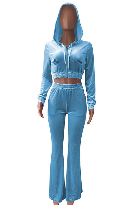 Light Blue Euramerican Women Korea Velvet Hooded Long Sleeve Zipper Solid Color Flare Leg Pants Sets NK264-8