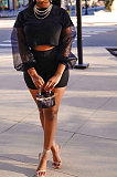 Black Euramerican Women Mesh Spaghetti Perspectivity Sleeve Round Collar Pure Color Shorts Sets MA6669-2
