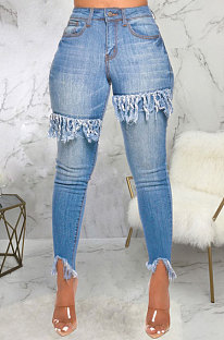 Blue Women Sexy Tight Elastic Force Tassel High Waist Jeans Long Pants SMR2313