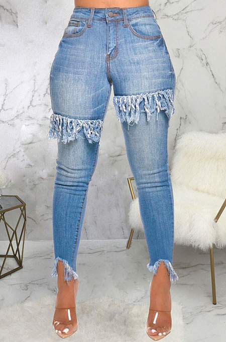 Blue Women Sexy Tight Elastic Force Tassel High Waist Jeans Long Pants SMR2313