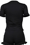 Red Women Euramerican Short Sleeve Flounce Solid Color Shorts Sets MA6707-2