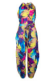 Multicolor Women Euramerican Printing Tied Off Shoulder Loose Waistband Split Casual Jumpsuit MA6723