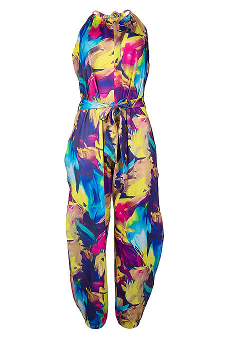 Multicolor Women Euramerican Printing Tied Off Shoulder Loose Waistband Split Casual Jumpsuit MA6723