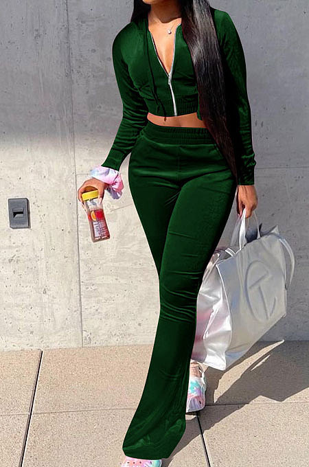 Pink Euramerican Women Korea Velvet Hooded Long Sleeve Zipper Solid Color Flare Leg Pants Sets NK264-1