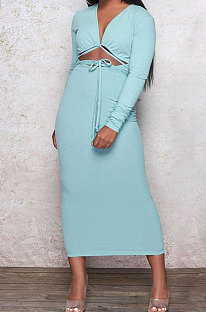 Light Blue Euramerican Women Autumn Sexy Bandage Ribber Long Sleeve Pure Color Long Drees PH1240-4