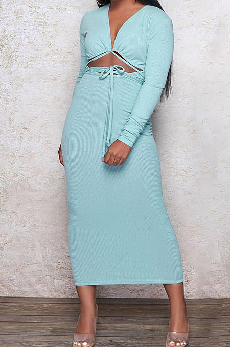 Black Euramerican Women Autumn Sexy Bandage Ribber Long Sleeve Pure Color Long Drees PH1240-5