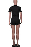 Black Women Euramerican Short Sleeve Flounce Solid Color Shorts Sets MA6707-1