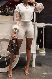 White Euramerican Women Mesh Spaghetti Perspectivity Sleeve Round Collar Pure Color Shorts Sets MA6669-1