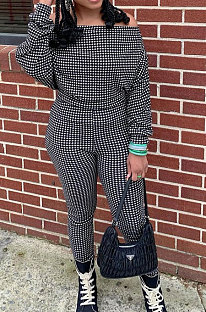 Black Women Euramerican Trendy Sexy Autumn Winter  A Word Shoulder Tops Casual Pants Sets MR2119-1