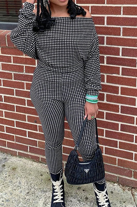 Black Women Euramerican Trendy Sexy Autumn Winter  A Word Shoulder Tops Casual Pants Sets MR2119-1