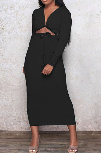 Black Euramerican Women Autumn Sexy Bandage Ribber Long Sleeve Pure Color Long Drees PH1240-5