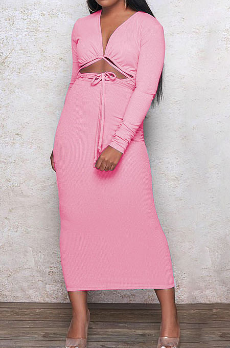 Black Euramerican Women Autumn Sexy Bandage Ribber Long Sleeve Pure Color Long Drees PH1240-5