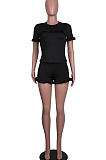 Blue Women Euramerican Short Sleeve Flounce Solid Color Shorts Sets MA6752