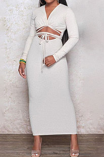 White Euramerican Women Autumn Sexy Bandage Ribber Long Sleeve Pure Color Long Drees PH1240-1