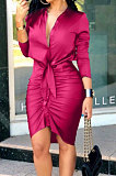 Euramerican Tied Solid Color Long Sleeve Turn-Down Collar Single-Breasted Spliced Mid Waist T Shirt/Shirt Dress CMFS050