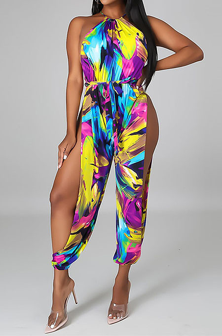 Multicolor Women Euramerican Printing Tied Off Shoulder Loose Waistband Split Casual Jumpsuit MA6723