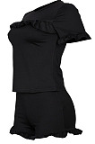 Blue Women Euramerican Short Sleeve Flounce Solid Color Shorts Sets MA6752