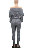 Black Women Euramerican Trendy Sexy Autumn Winter  A Word Shoulder Tops Casual Pants Sets MR2119-1