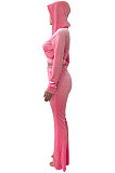 Light Blue Euramerican Women Korea Velvet Hooded Long Sleeve Zipper Solid Color Flare Leg Pants Sets NK264-8