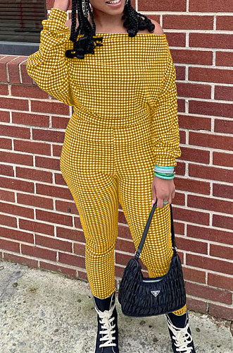 Yellow Women Euramerican Trendy Sexy Autumn Winter  A Word Shoulder Tops Casual Pants Sets MR2119-2