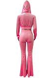 Light Blue Euramerican Women Korea Velvet Hooded Long Sleeve Zipper Solid Color Flare Leg Pants Sets NK264-8