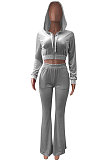 Light Blue Euramerican Women Korea Velvet Hooded Long Sleeve Zipper Solid Color Flare Leg Pants Sets NK264-8