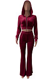 Dark Blue Euramerican Women Korea Velvet Hooded Long Sleeve Zipper Solid Color Flare Leg Pants Sets NK264-7