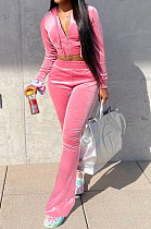 Pink Euramerican Women Korea Velvet Hooded Long Sleeve Zipper Solid Color Flare Leg Pants Sets NK264-1