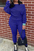 Blue Women Euramerican Trendy Sexy Autumn Winter  A Word Shoulder Tops Casual Pants Sets MR2119-6