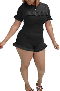 Black Women Euramerican Short Sleeve Flounce Solid Color Shorts Sets MA6707-1