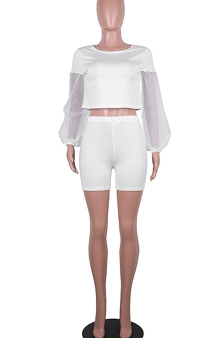 White Euramerican Women Mesh Spaghetti Perspectivity Sleeve Round Collar Pure Color Shorts Sets MA6669-1