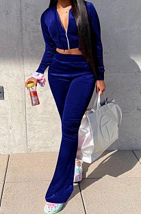 Dark Blue Euramerican Women Korea Velvet Hooded Long Sleeve Zipper Solid Color Flare Leg Pants Sets NK264-7