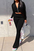 Black Euramerican Women Korea Velvet Hooded Long Sleeve Zipper Solid Color Flare Leg Pants Sets NK264-3