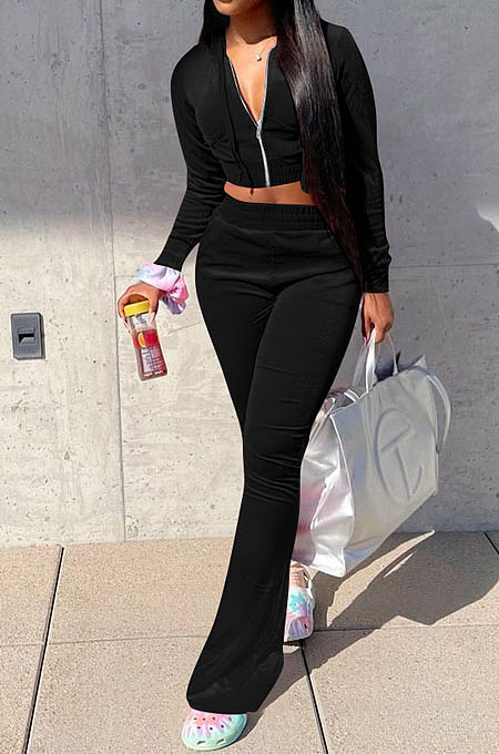Black Euramerican Women Korea Velvet Hooded Long Sleeve Zipper Solid Color Flare Leg Pants Sets NK264-3