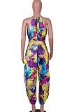 Multicolor Women Euramerican Printing Tied Off Shoulder Loose Waistband Split Casual Jumpsuit MA6723