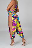 Multicolor Women Euramerican Printing Tied Off Shoulder Loose Waistband Split Casual Jumpsuit MA6723