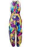 Multicolor Women Euramerican Printing Tied Off Shoulder Loose Waistband Split Casual Jumpsuit MA6723