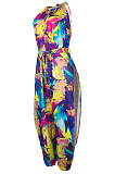 Multicolor Women Euramerican Printing Tied Off Shoulder Loose Waistband Split Casual Jumpsuit MA6723