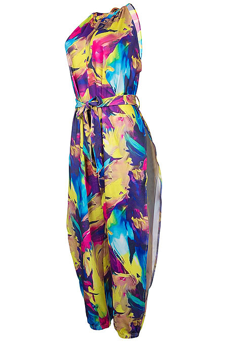 Multicolor Women Euramerican Printing Tied Off Shoulder Loose Waistband Split Casual Jumpsuit MA6723
