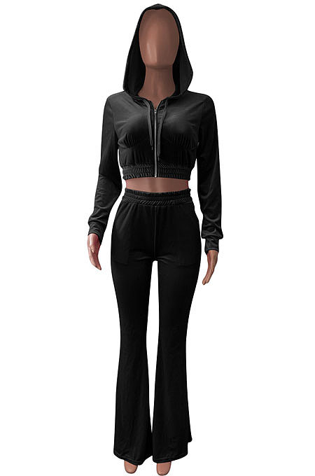 Gray Euramerican Women Korea Velvet Hooded Long Sleeve Zipper Solid Color Flare Leg Pants Sets NK264-2