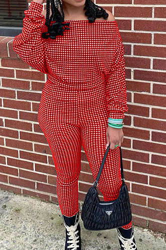 Red Women Euramerican Trendy Sexy Autumn Winter  A Word Shoulder Tops Casual Pants Sets MR2119-4