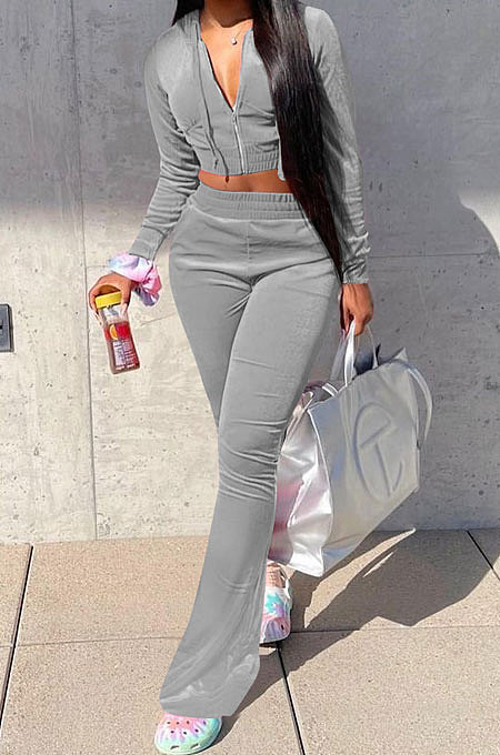 Pink Euramerican Women Korea Velvet Hooded Long Sleeve Zipper Solid Color Flare Leg Pants Sets NK264-1