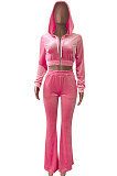Brown Euramerican Women Korea Velvet Hooded Long Sleeve Zipper Solid Color Flare Leg Pants Sets NK264-5