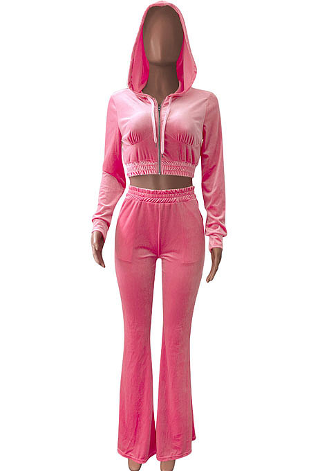 Brown Euramerican Women Korea Velvet Hooded Long Sleeve Zipper Solid Color Flare Leg Pants Sets NK264-5