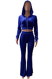Black Euramerican Women Korea Velvet Hooded Long Sleeve Zipper Solid Color Flare Leg Pants Sets NK264-3
