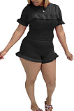 Blue Women Euramerican Short Sleeve Flounce Solid Color Shorts Sets MA6752