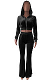 Light Blue Euramerican Women Korea Velvet Hooded Long Sleeve Zipper Solid Color Flare Leg Pants Sets NK264-8