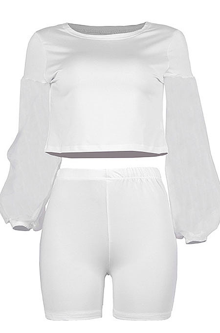 White Euramerican Women Mesh Spaghetti Perspectivity Sleeve Round Collar Pure Color Shorts Sets MA6669-1