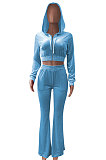 Brown Euramerican Women Korea Velvet Hooded Long Sleeve Zipper Solid Color Flare Leg Pants Sets NK264-5