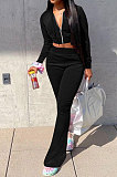Brown Euramerican Women Korea Velvet Hooded Long Sleeve Zipper Solid Color Flare Leg Pants Sets NK264-5